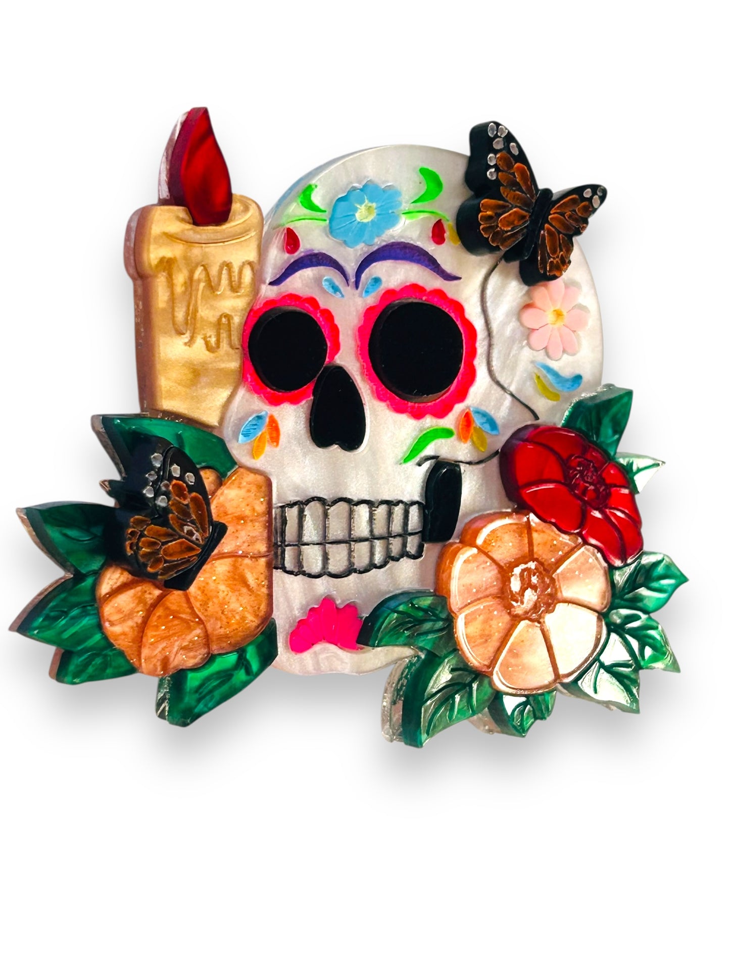 Mexico Lindo Y Querido - Spilla Sugar Skull con Candele e Farfalle