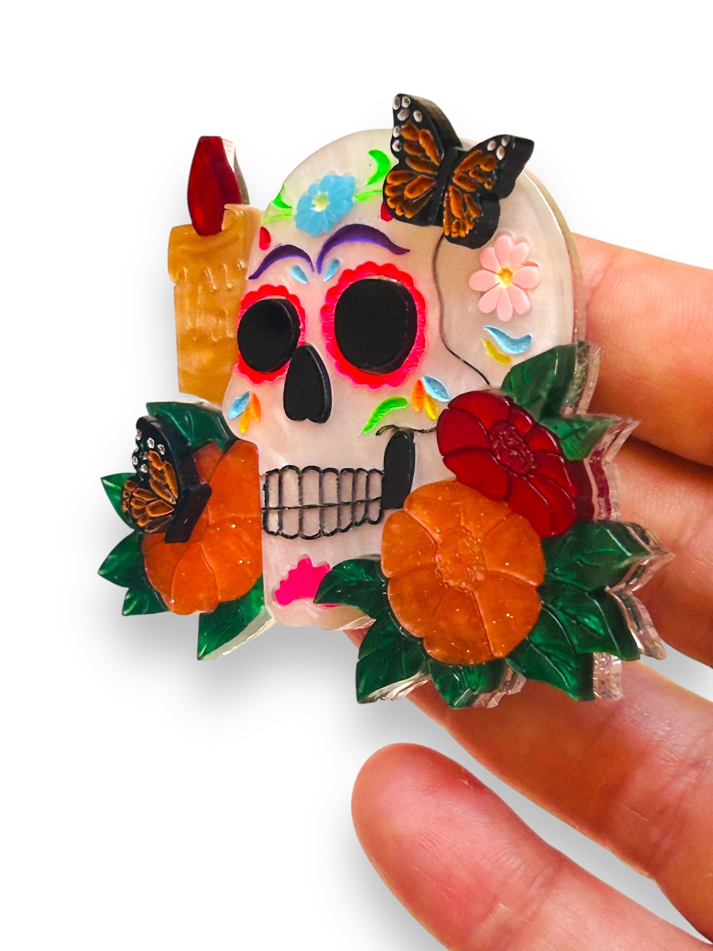 Mexico Lindo Y Querido - Spilla Sugar Skull con Candele e Farfalle