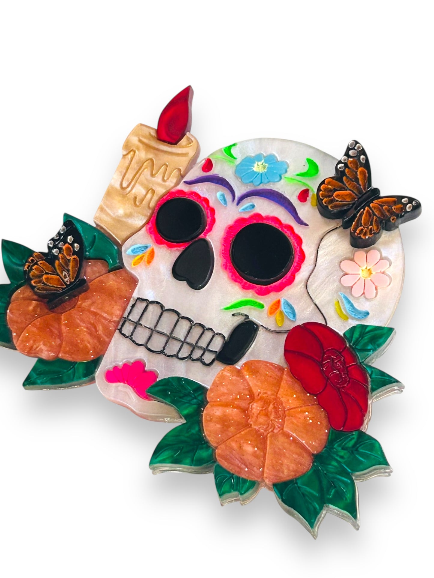 Mexico Lindo Y Querido - Spilla Sugar Skull con Candele e Farfalle