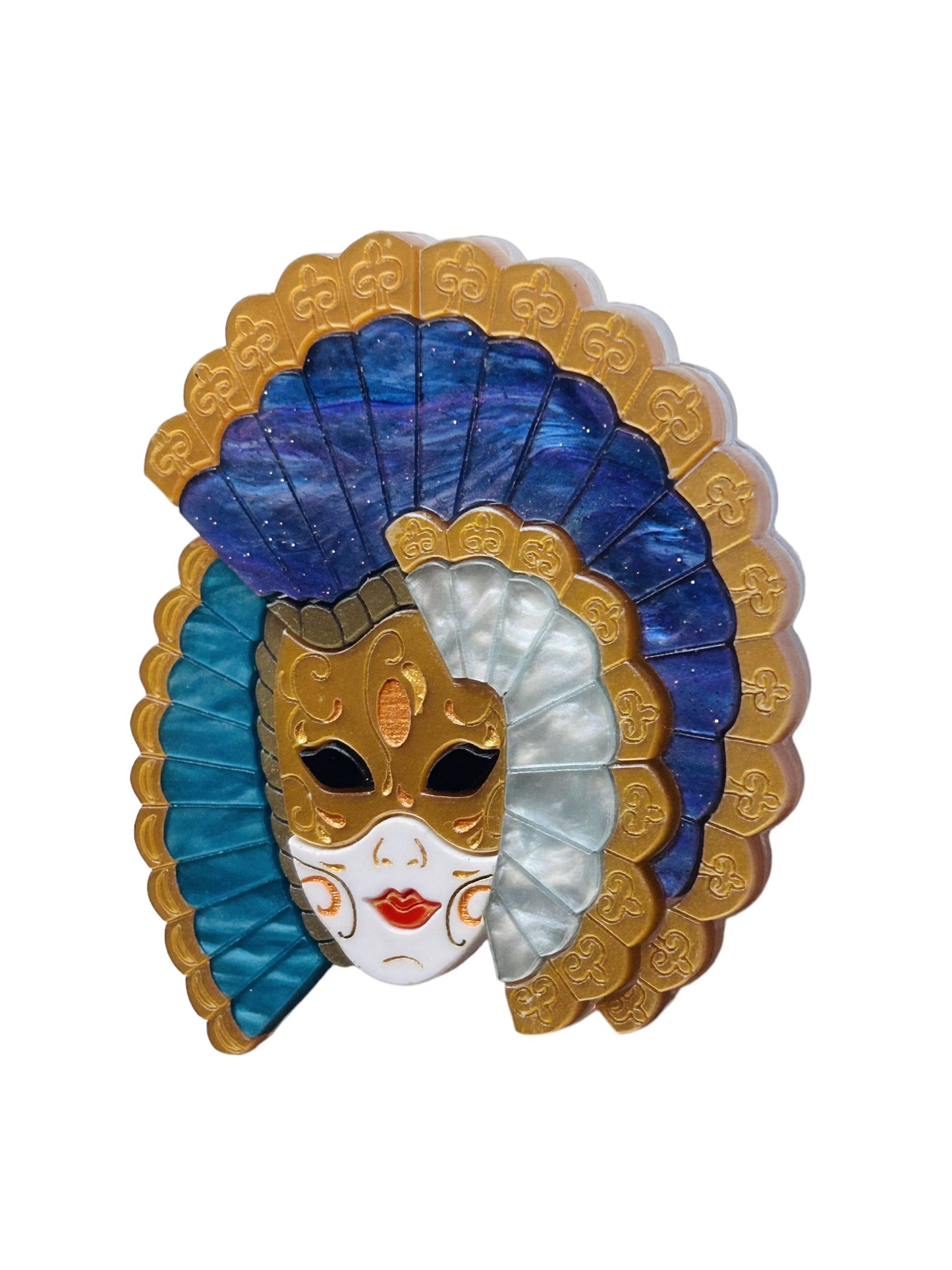 Maschere Veneziane: Maschera Donna con Ventaglio Blu Perlato