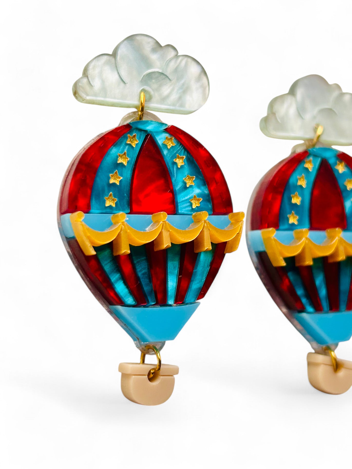 Mongolfiera Vintage Rossa & Blu - Orecchini con Nuvoletta