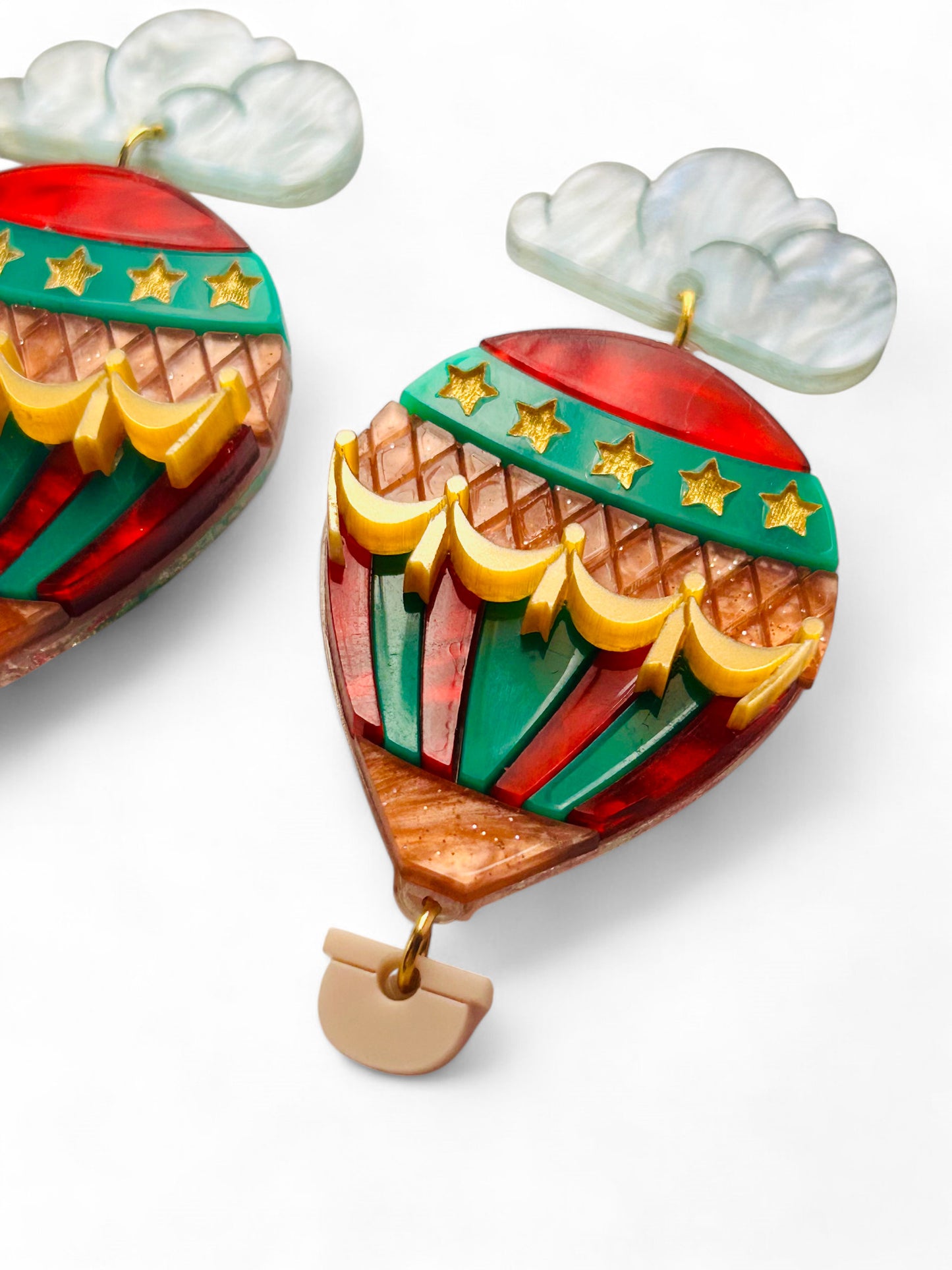 Mongolfiera Vintage Rossa & Verde - Orecchini con Nuvoletta