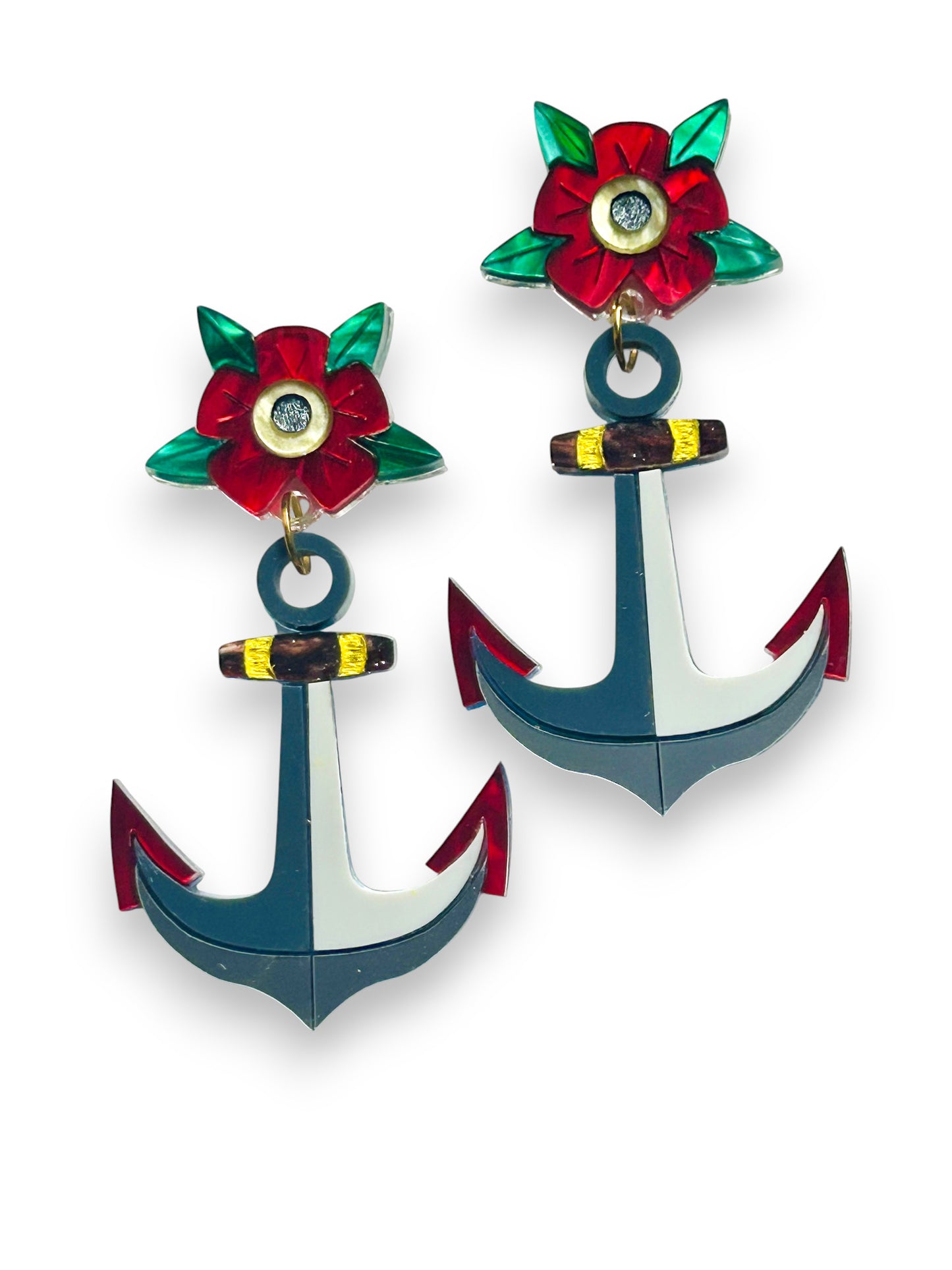 Deep Blue Sea - Orecchini Pendenti Ancore + Fiore Traditional