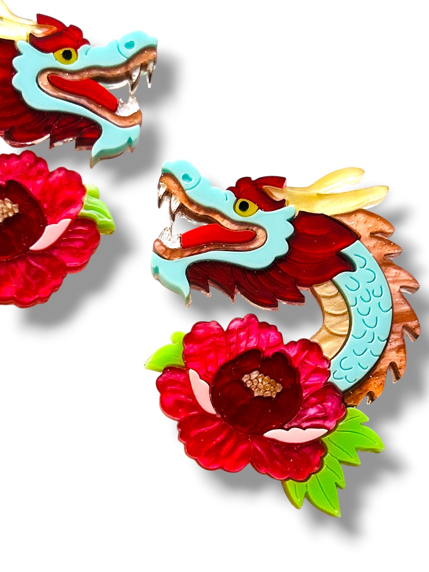 Echo Of The East - Dragon Head with Peony Stud Earrings