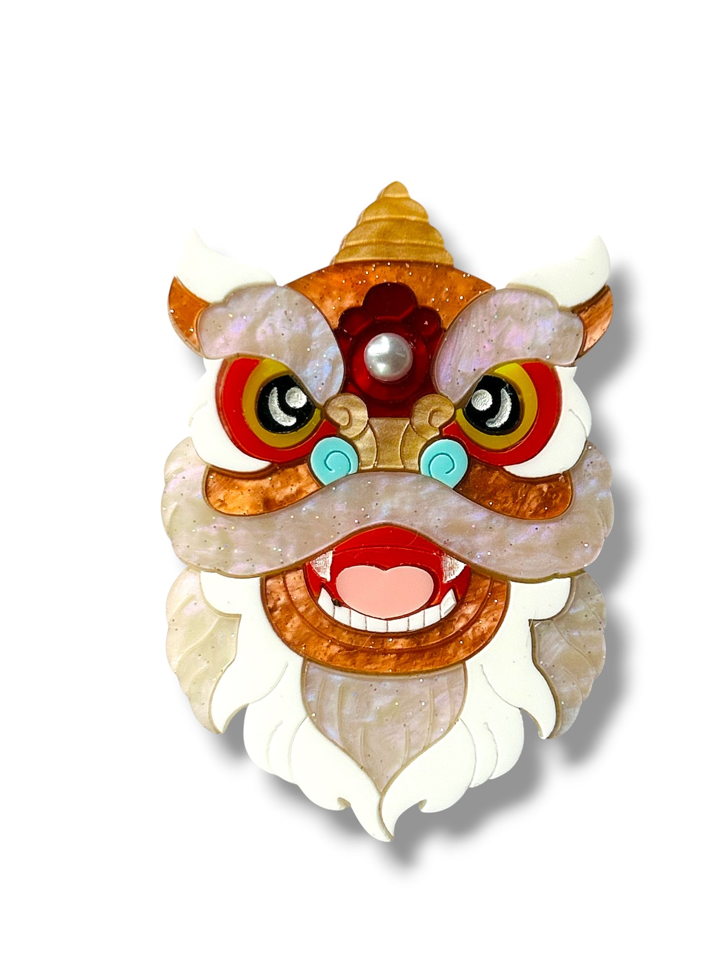 Echo Of The East - Orange Chinese Lion Head Brooch