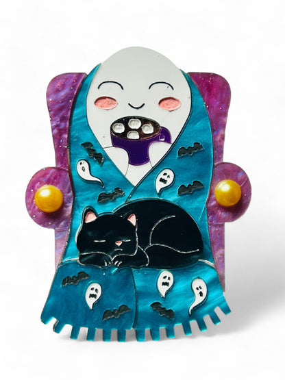 Vita da Fantasma - Fantasma Rilassato con Gatto e Tazza Marshmallows