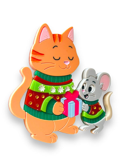 Meowy Christmas - Spilla Gatto con Topolino e Regali