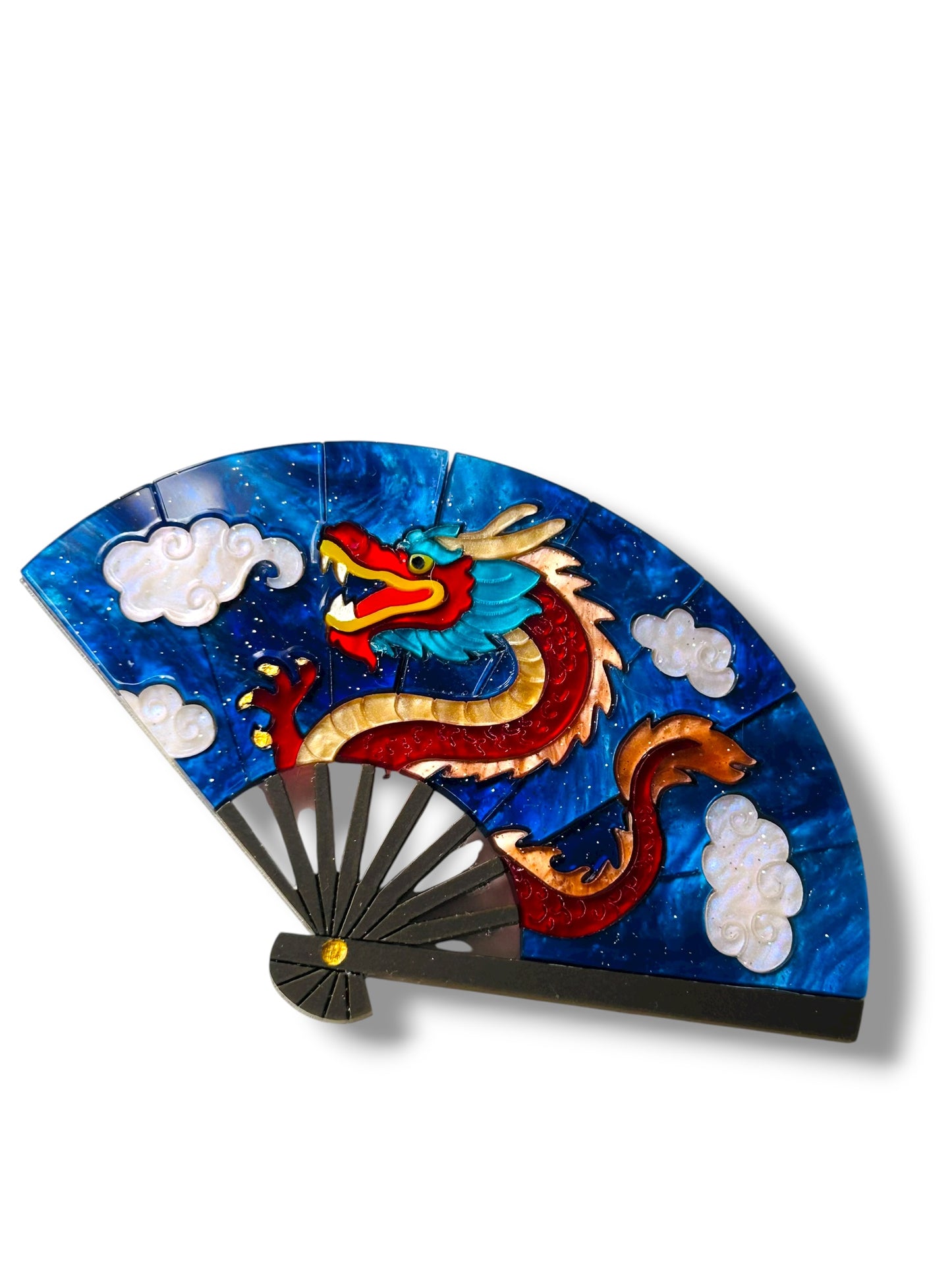 Echo Of The East - Spilla Ventaglio Blu con Dragone Rosso