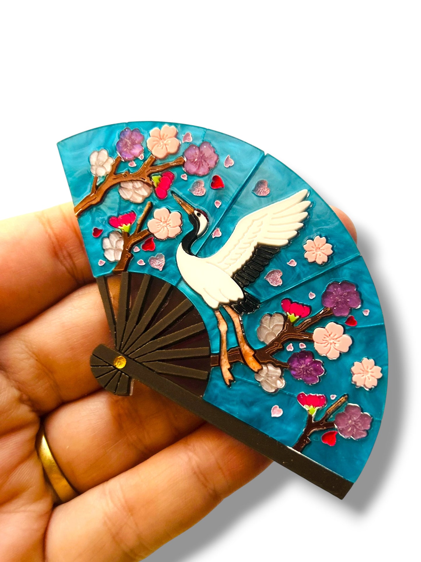 Echo Of The East - Spilla Ventaglio Blu con Gru e Fiori