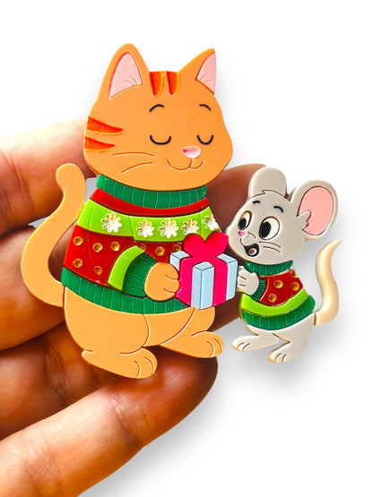Meowy Christmas - Spilla Gatto con Topolino e Regali