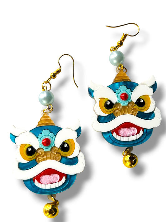 Echo Of The East - Orecchini Testa Leone Cinese Azzurro