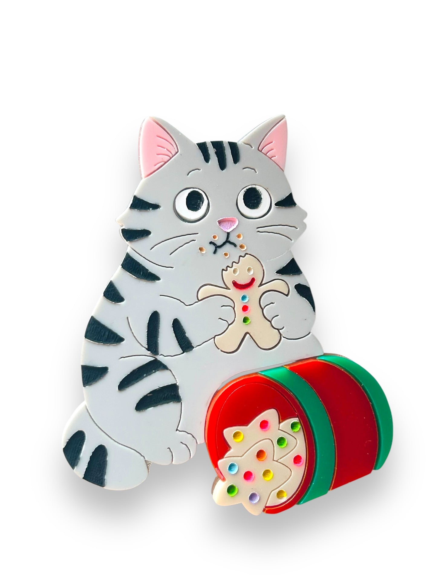 Meowy Christmas - Spilla Gatto Grigio con Barattolo di Biscotti