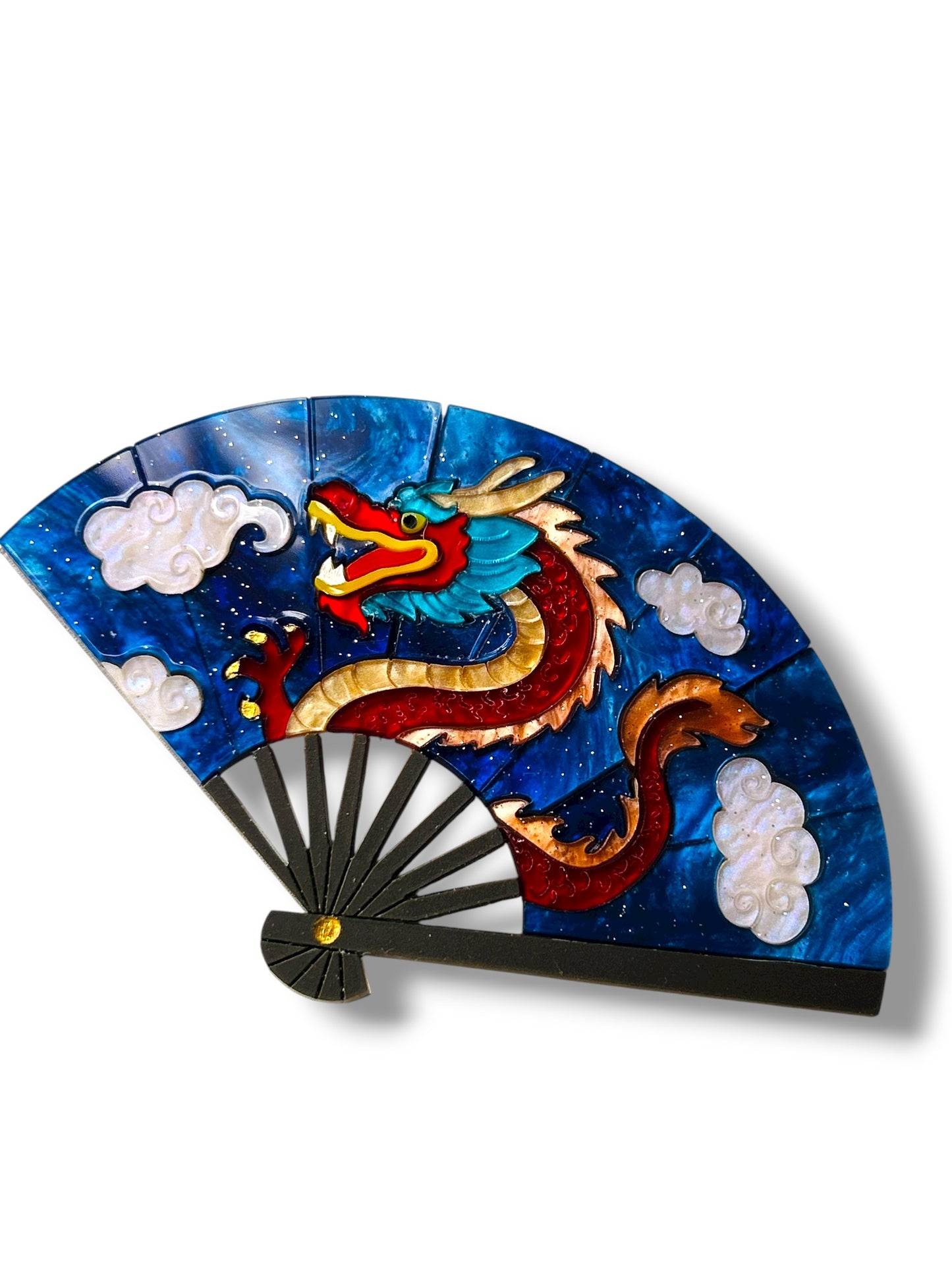 Echo Of The East - Spilla Ventaglio Blu con Dragone Rosso