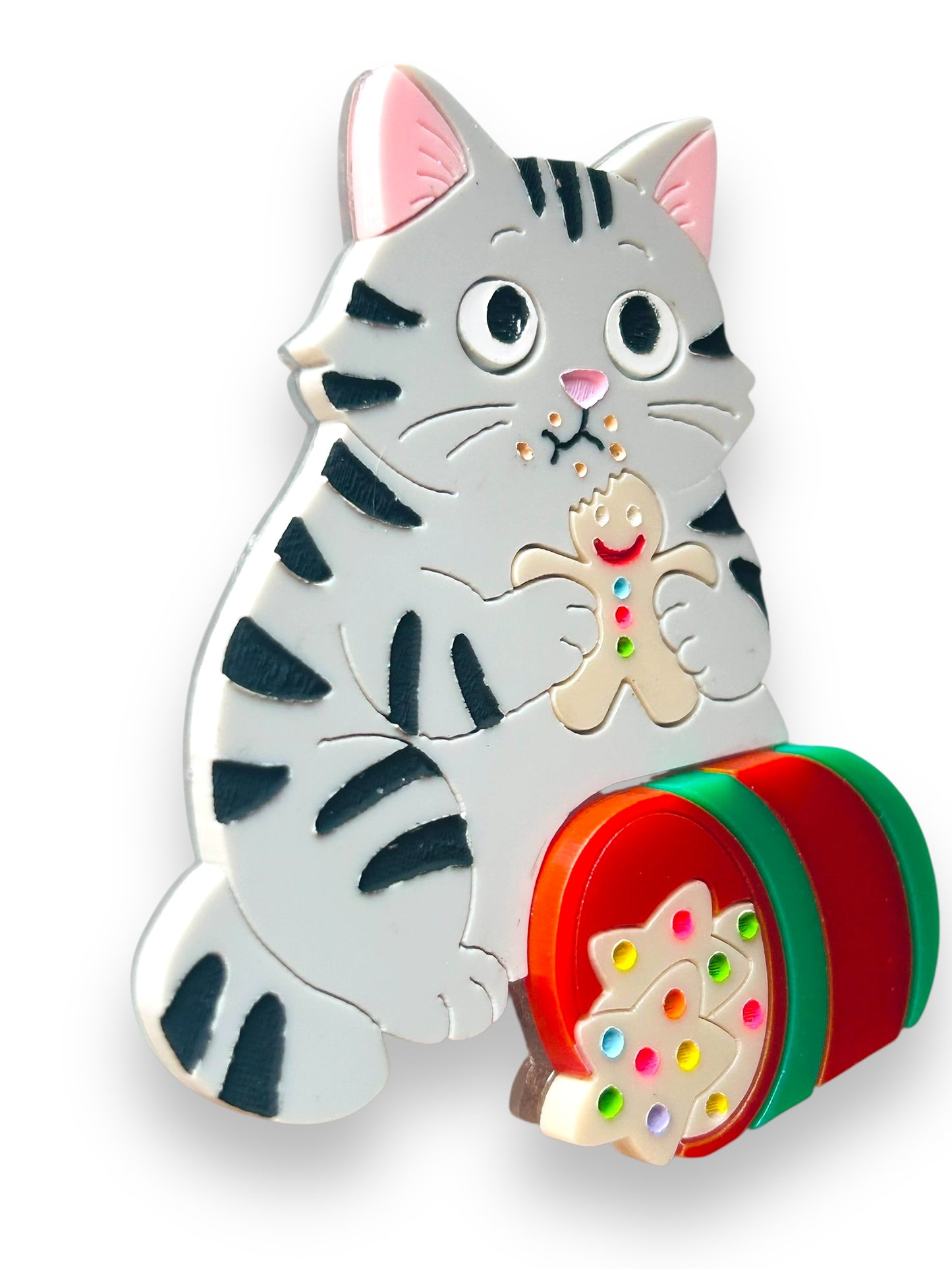 Meowy Christmas - Spilla Gatto Grigio con Barattolo di Biscotti