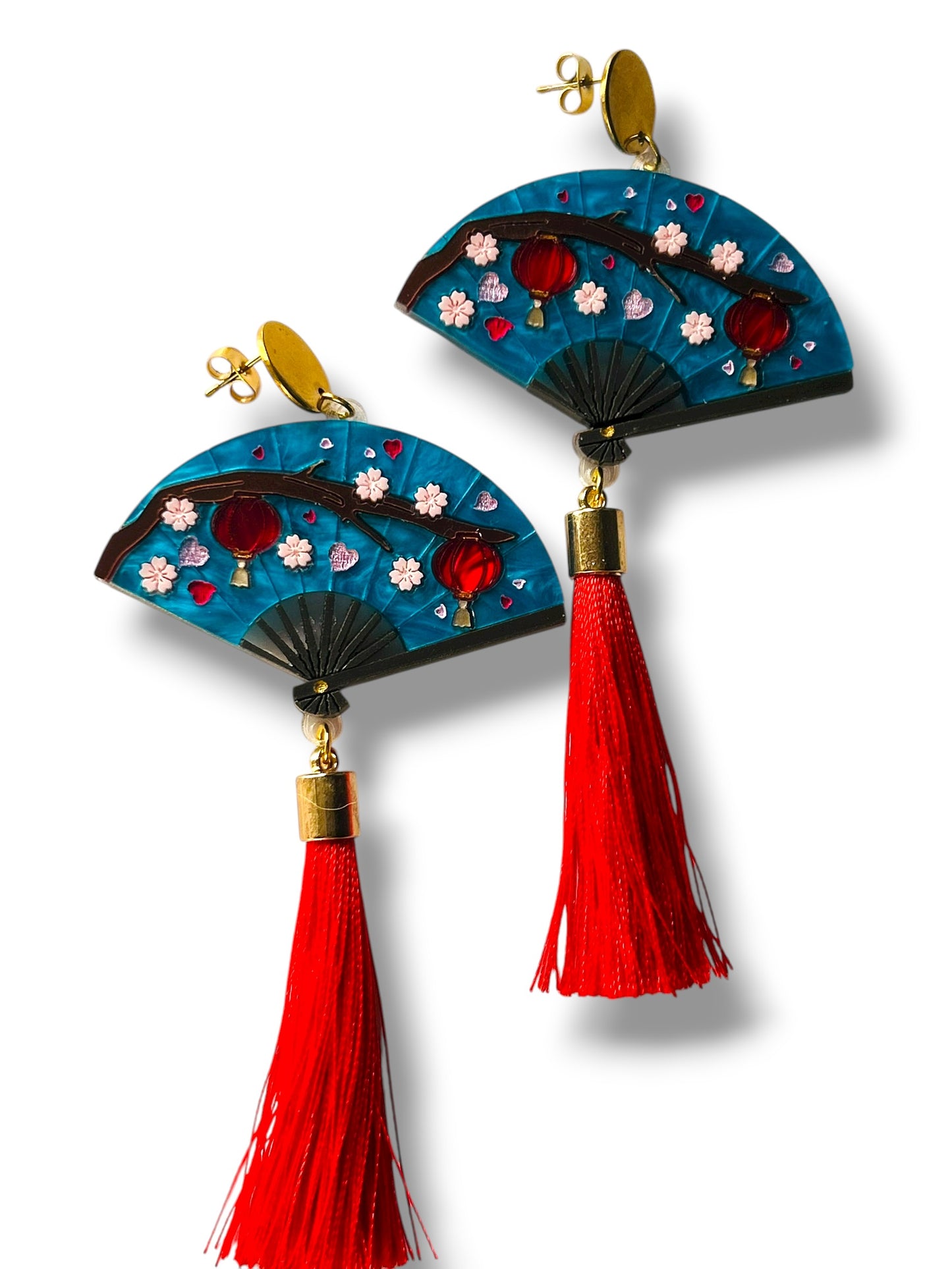 Echo Of The East - Orecchini Pendenti Ventaglio con Fiori e Nappe