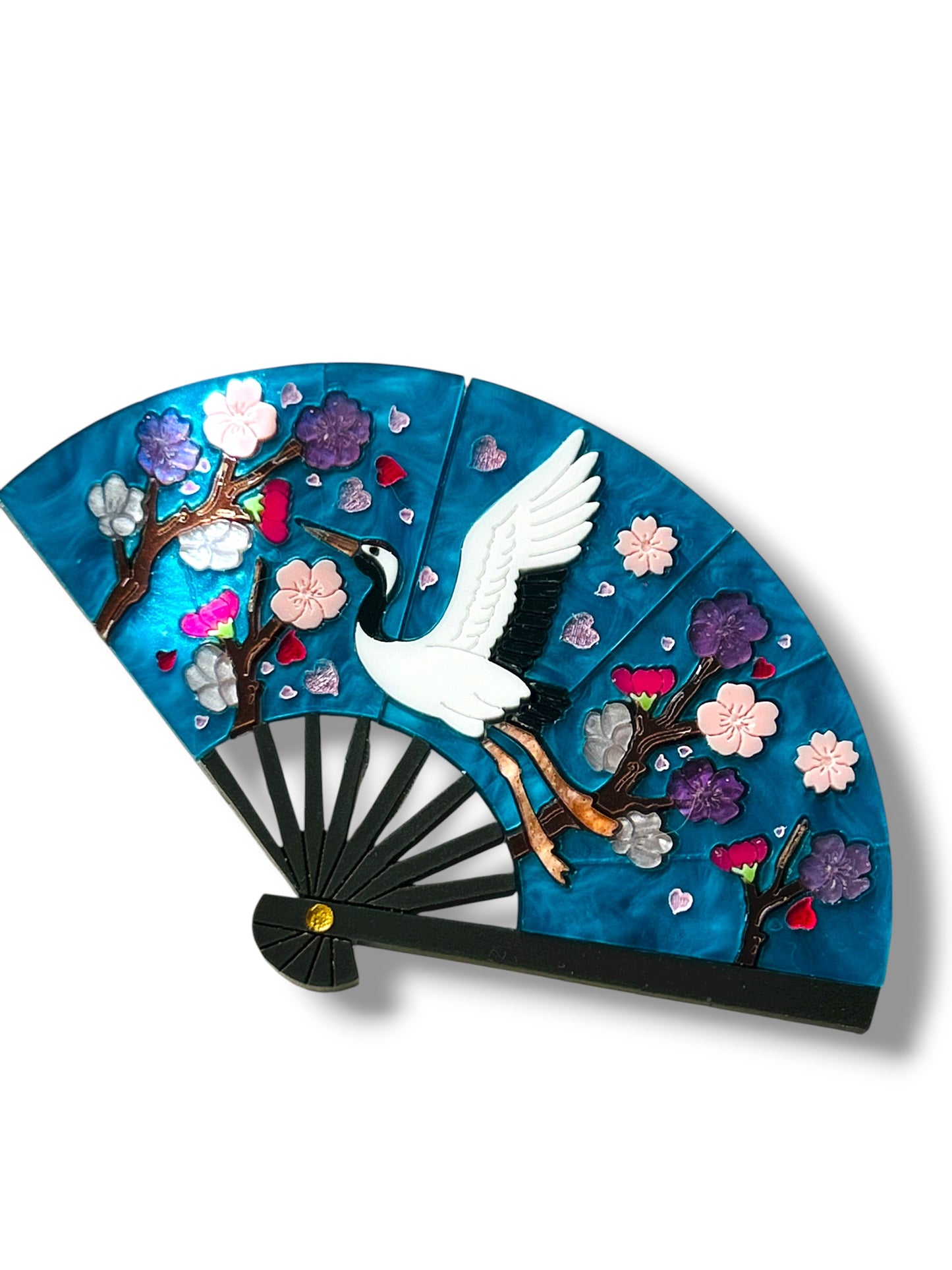 Echo Of The East - Spilla Ventaglio Blu con Gru e Fiori