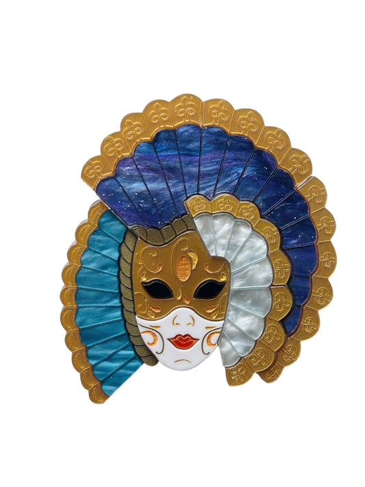 Maschere Veneziane: Maschera Donna con Ventaglio Blu Perlato