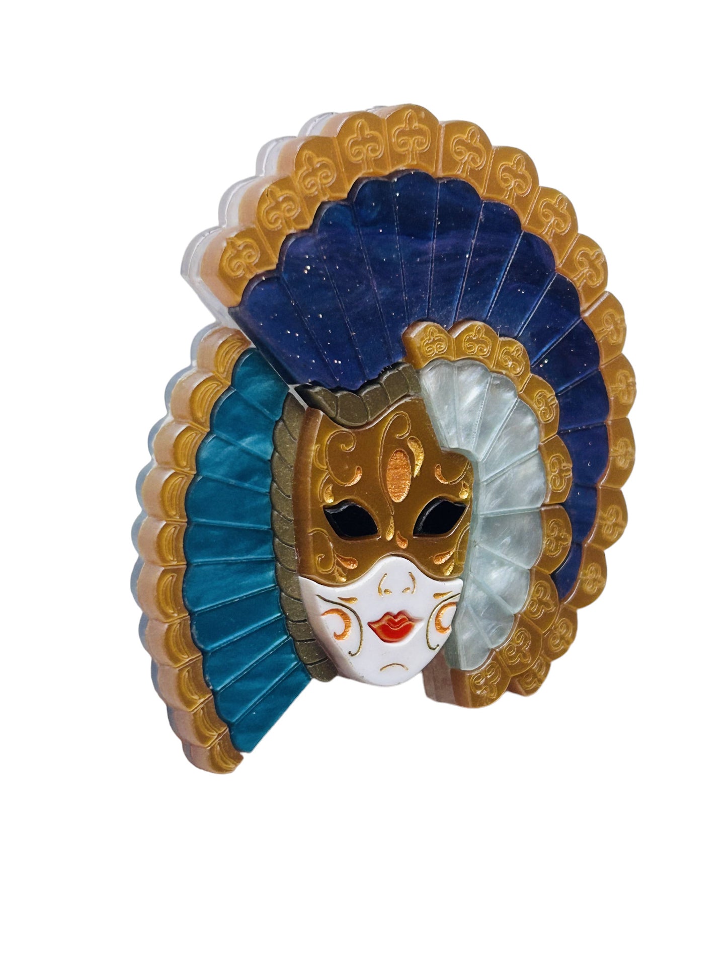 Maschere Veneziane: Maschera Donna con Ventaglio Blu Perlato