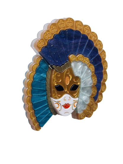 Maschere Veneziane: Maschera Donna con Ventaglio Blu Perlato