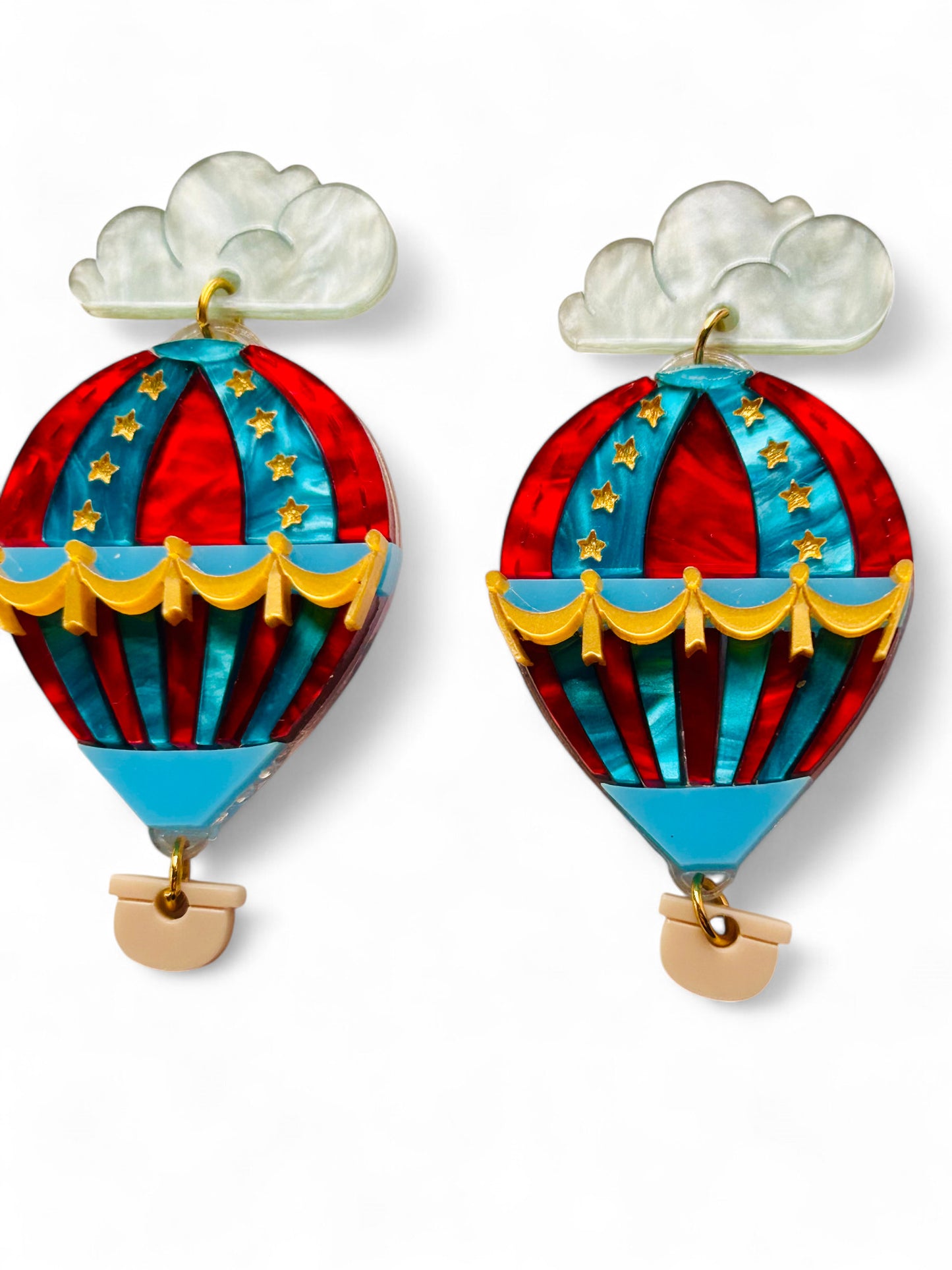 Mongolfiera Vintage Rossa & Blu -  Orecchini con Nuvoletta