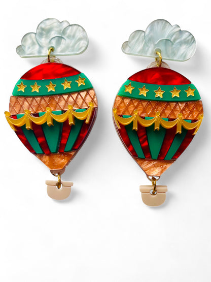 Mongolfiera Vintage Rossa & Verde -  Orecchini con Nuvoletta
