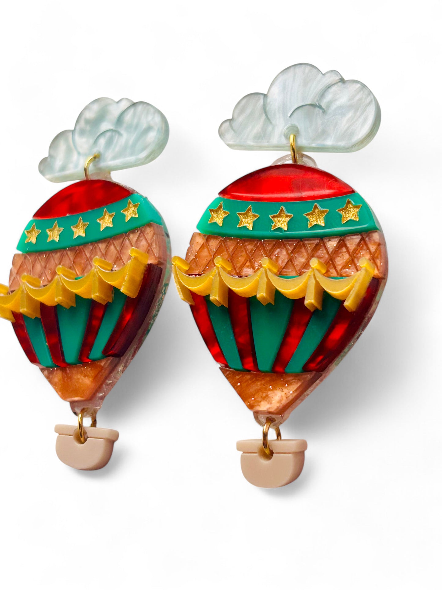 Mongolfiera Vintage Rossa & Verde -  Orecchini con Nuvoletta