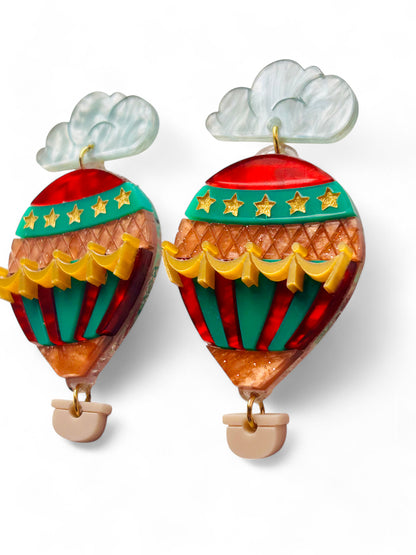 Mongolfiera Vintage Rossa & Verde -  Orecchini con Nuvoletta