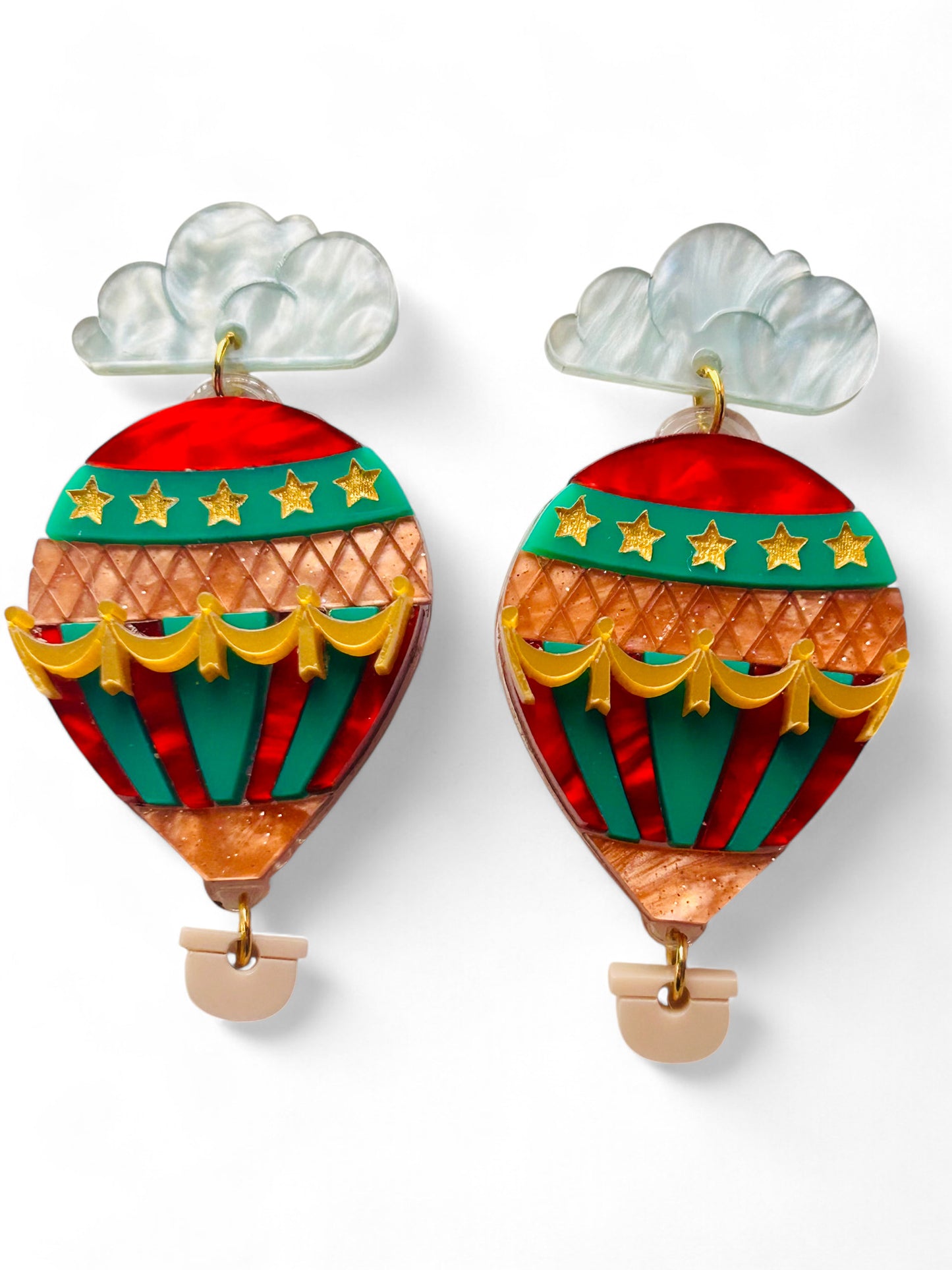 Mongolfiera Vintage Rossa & Verde -  Orecchini con Nuvoletta