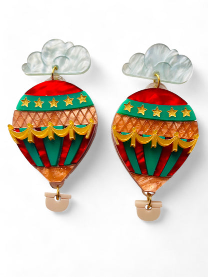 Mongolfiera Vintage Rossa & Verde -  Orecchini con Nuvoletta