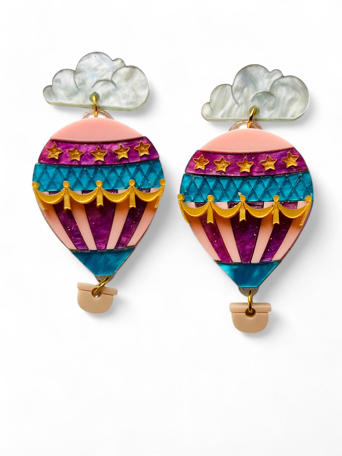 Mongolfiera Vintage Rosa & Viola -  Orecchini con Nuvoletta
