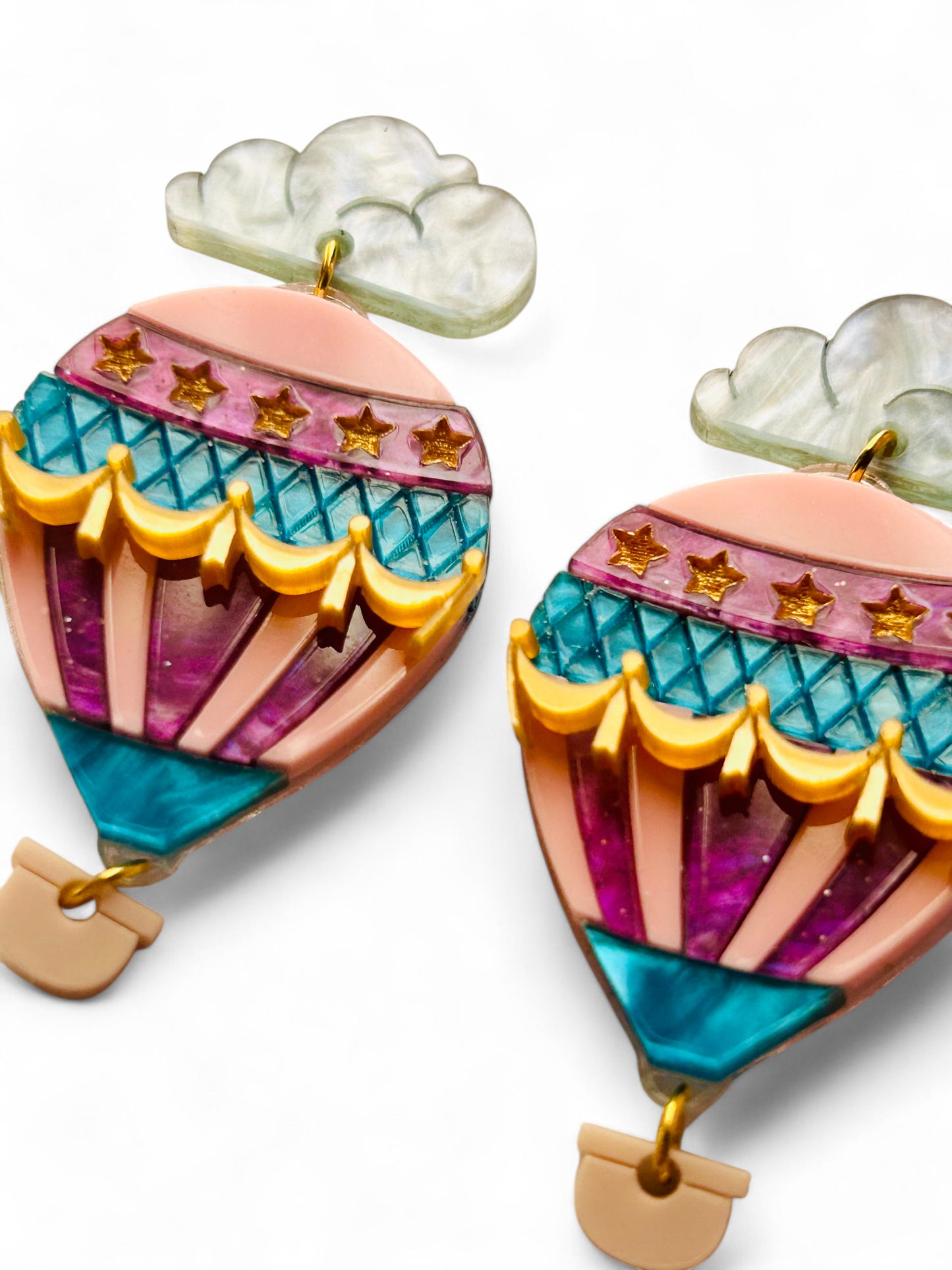 Mongolfiera Vintage Rosa & Viola -  Orecchini con Nuvoletta