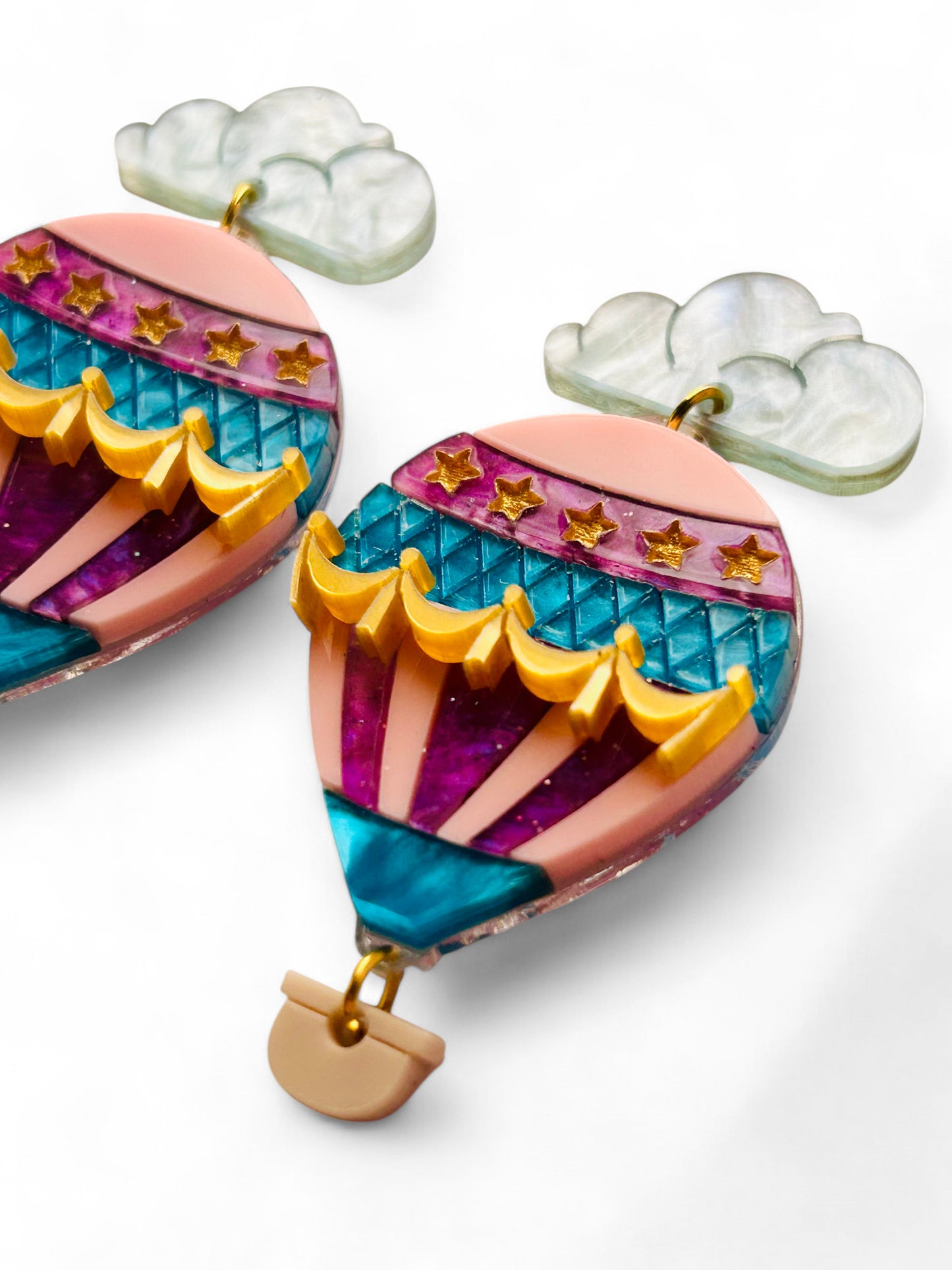 Mongolfiera Vintage Rosa & Viola -  Orecchini con Nuvoletta