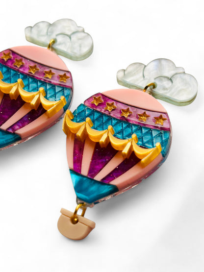 Mongolfiera Vintage Rosa & Viola -  Orecchini con Nuvoletta