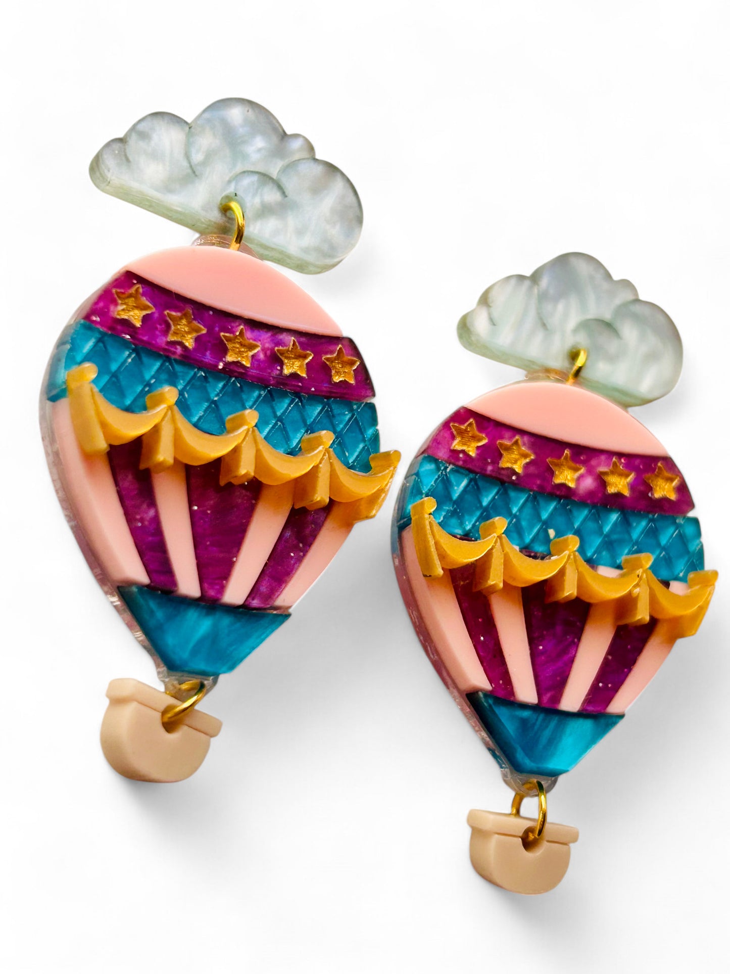 Mongolfiera Vintage Rosa & Viola -  Orecchini con Nuvoletta