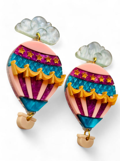 Mongolfiera Vintage Rosa & Viola -  Orecchini con Nuvoletta