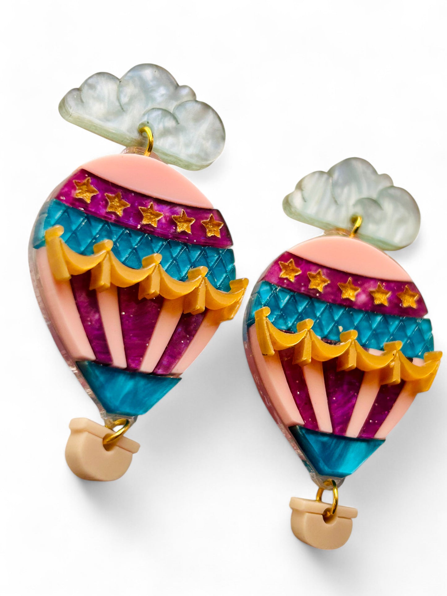 Mongolfiera Vintage Rosa & Viola -  Orecchini con Nuvoletta