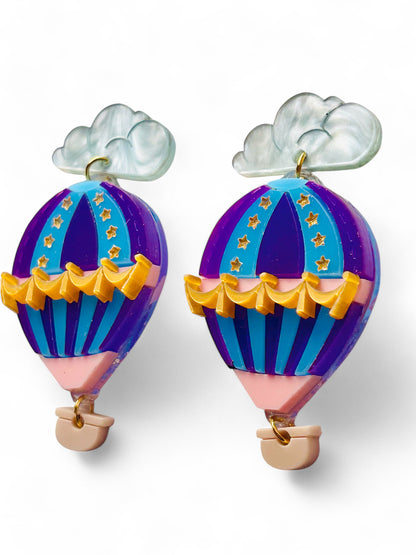 Mongolfiera Vintage Blu & Viola -  Orecchini con Nuvoletta
