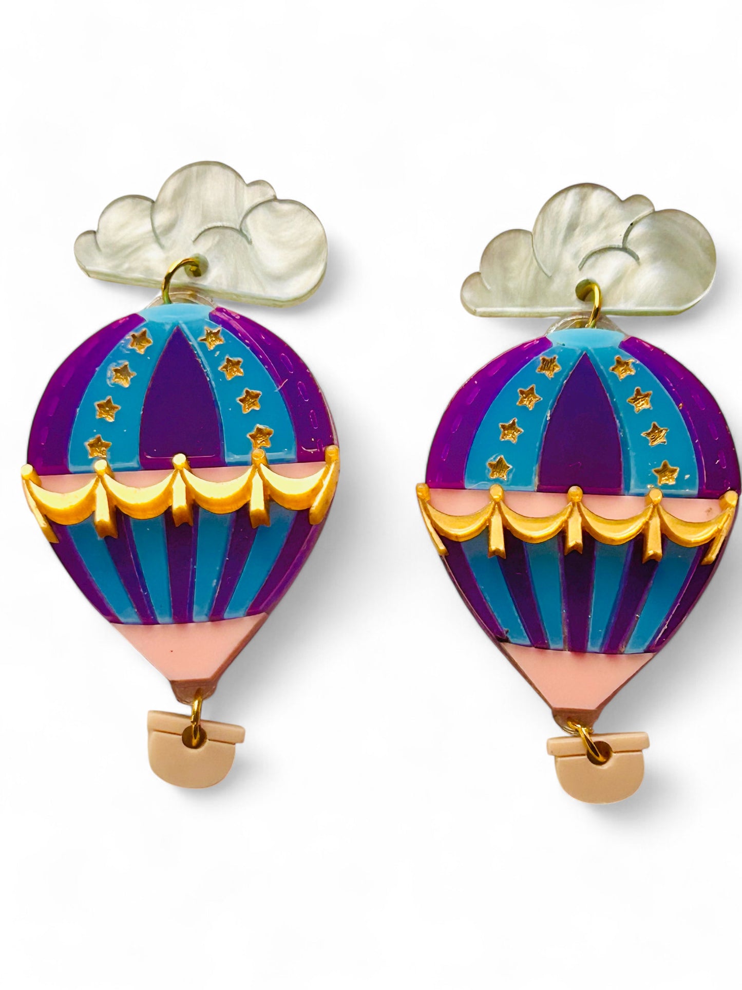 Mongolfiera Vintage Blu & Viola -  Orecchini con Nuvoletta