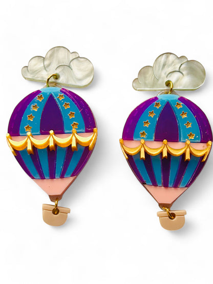 Mongolfiera Vintage Blu & Viola -  Orecchini con Nuvoletta