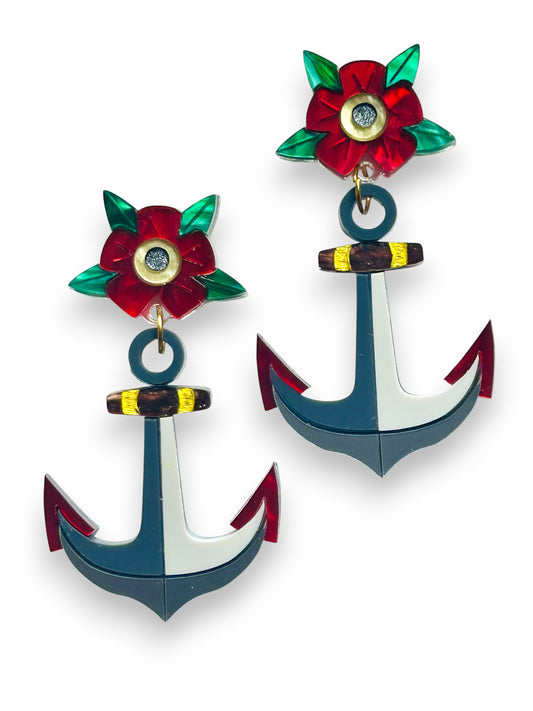 Deep Blue Sea - Orecchini Pendenti Ancore + Fiore Traditional