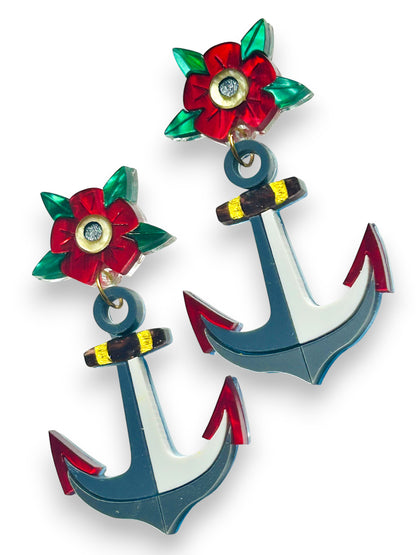 Deep Blue Sea - Orecchini Pendenti Ancore + Fiore Traditional