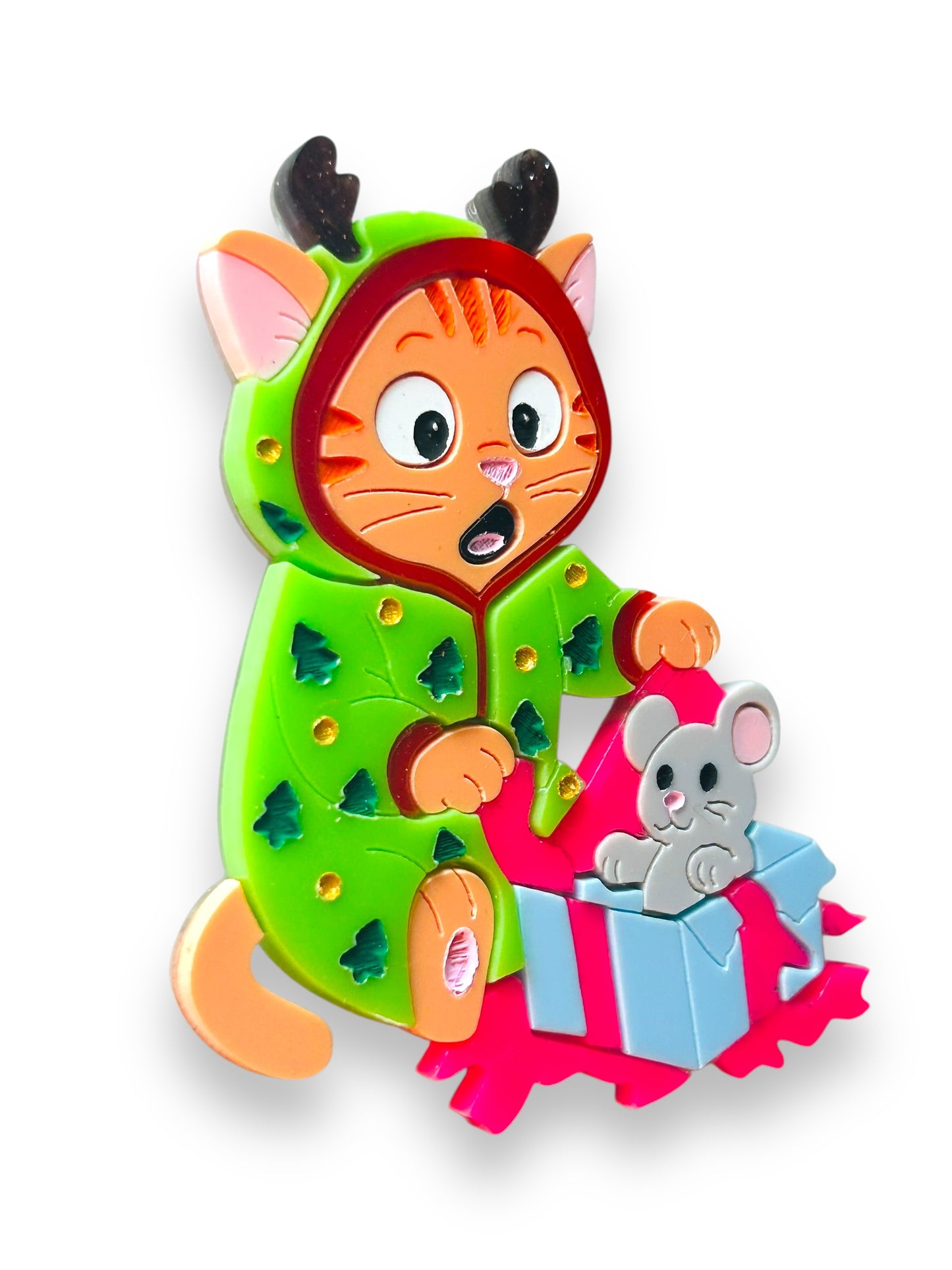 Meowy Christmas - Spilla Gatto che Apre i Regali di Natale