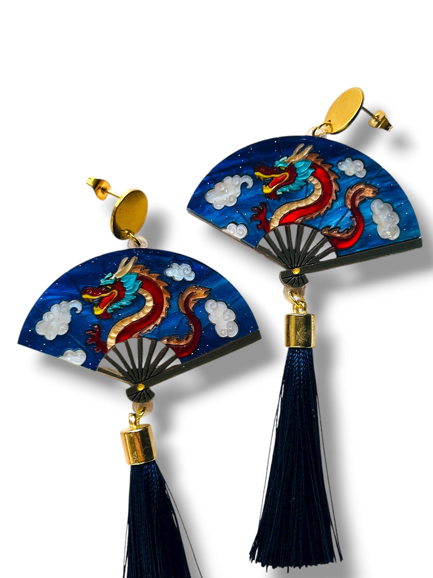 Echo Of The East - Orecchini Pendenti Ventaglio con Dragone