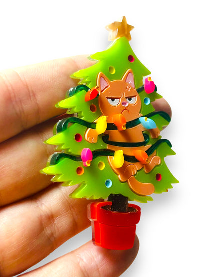 Meowy Christmas - Spilla Gatto Incastrato nell'Albero di Natale