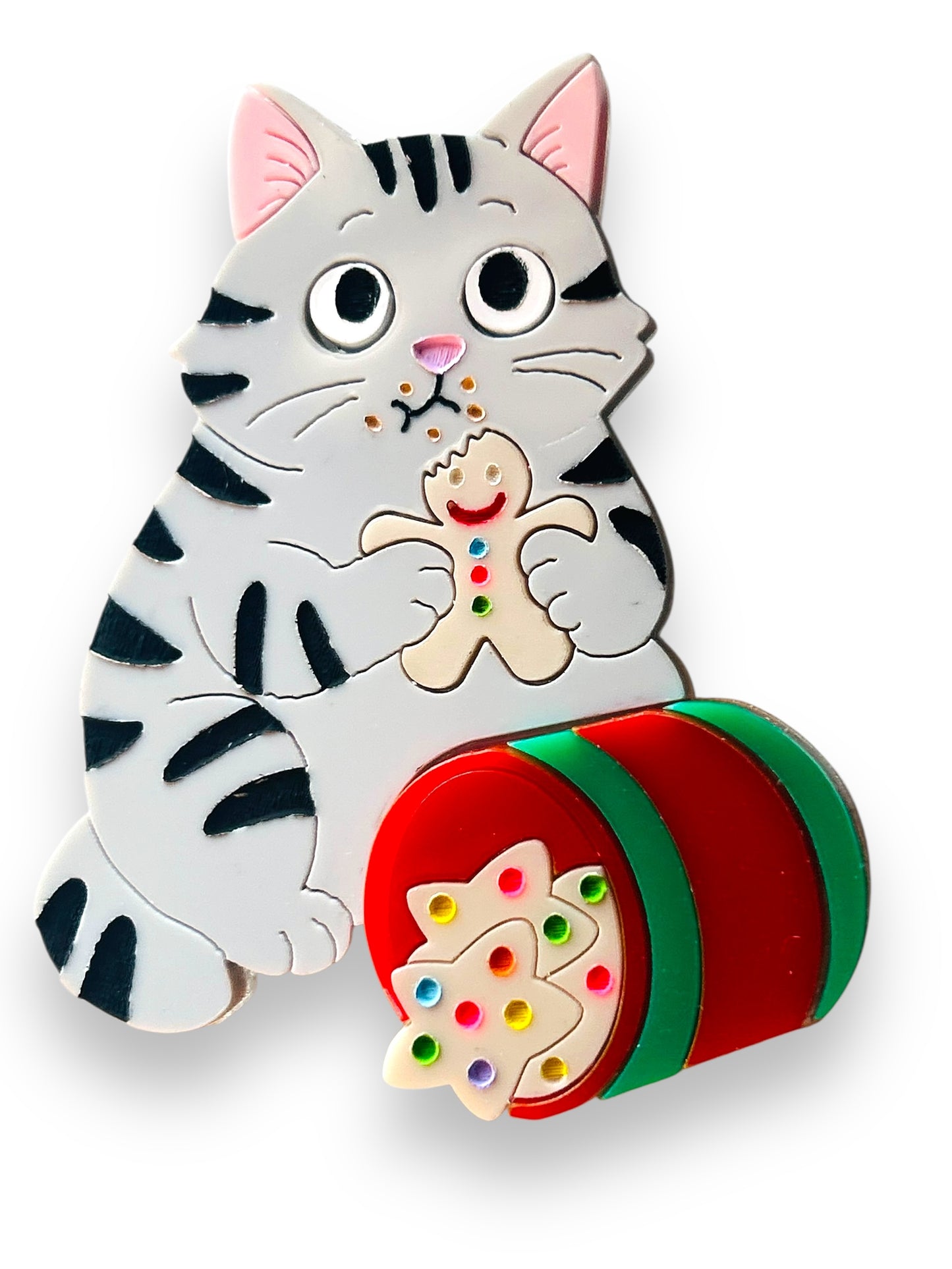 Meowy Christmas - Spilla Gatto Grigio con Barattolo di Biscotti