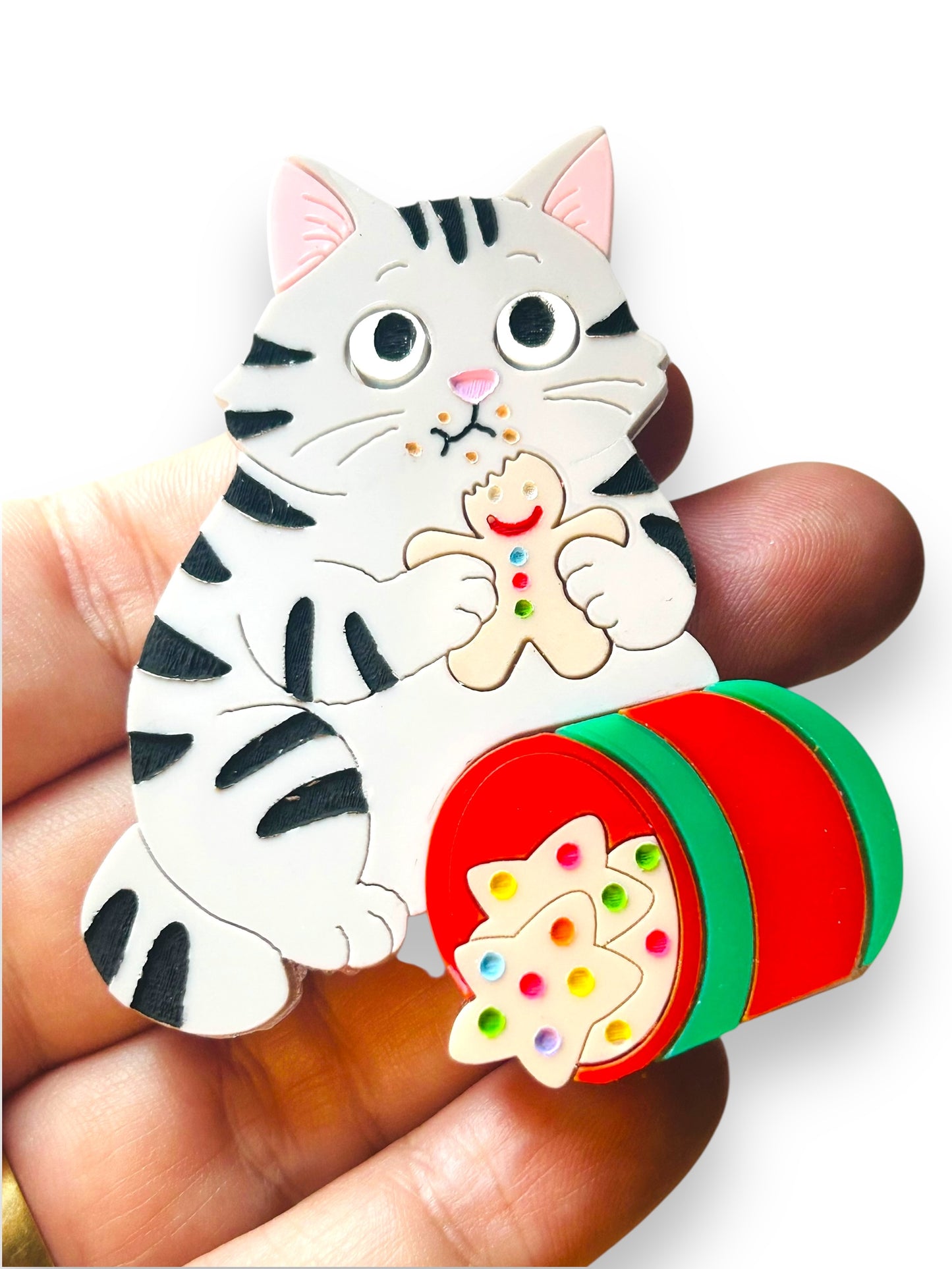 Meowy Christmas - Spilla Gatto Grigio con Barattolo di Biscotti