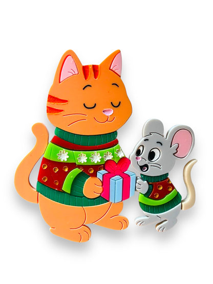 Meowy Christmas - Spilla Gatto con Topolino e Regali