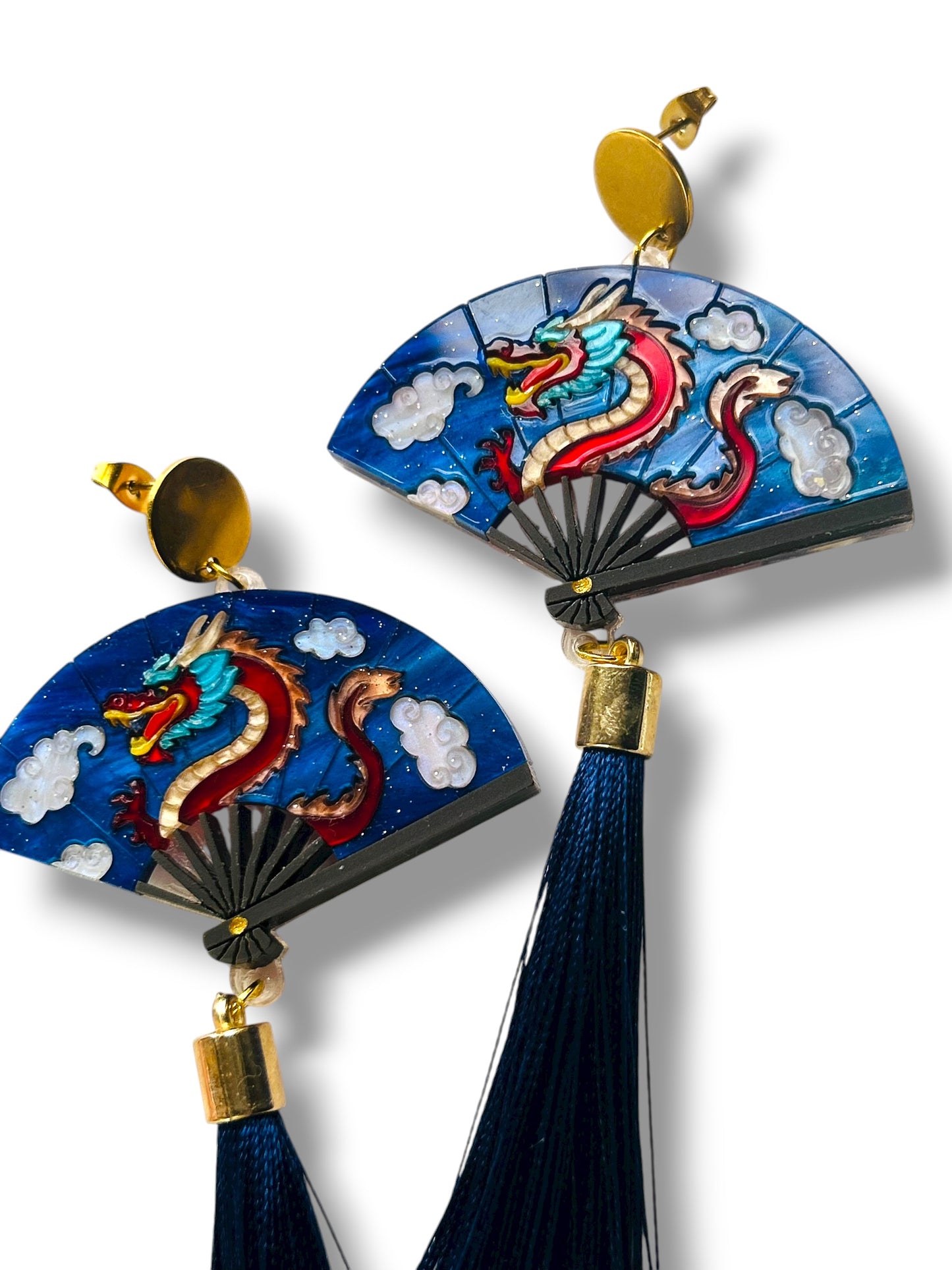 Echo Of The East - Orecchini Pendenti Ventaglio con Dragone