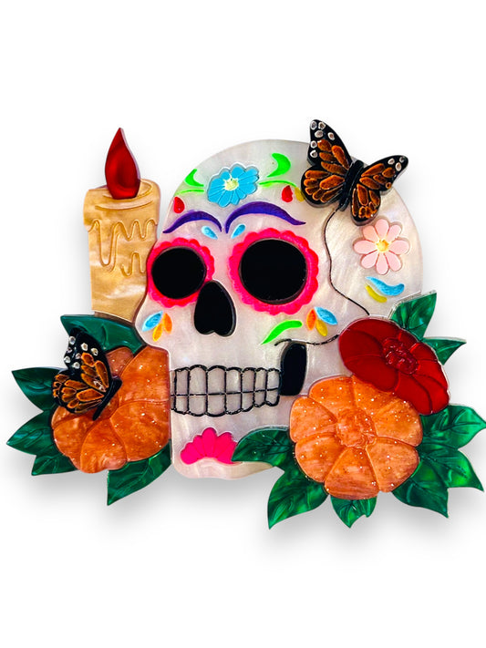 Mexico Lindo Y Querido - Spilla Sugar Skull con Candele e Farfalle