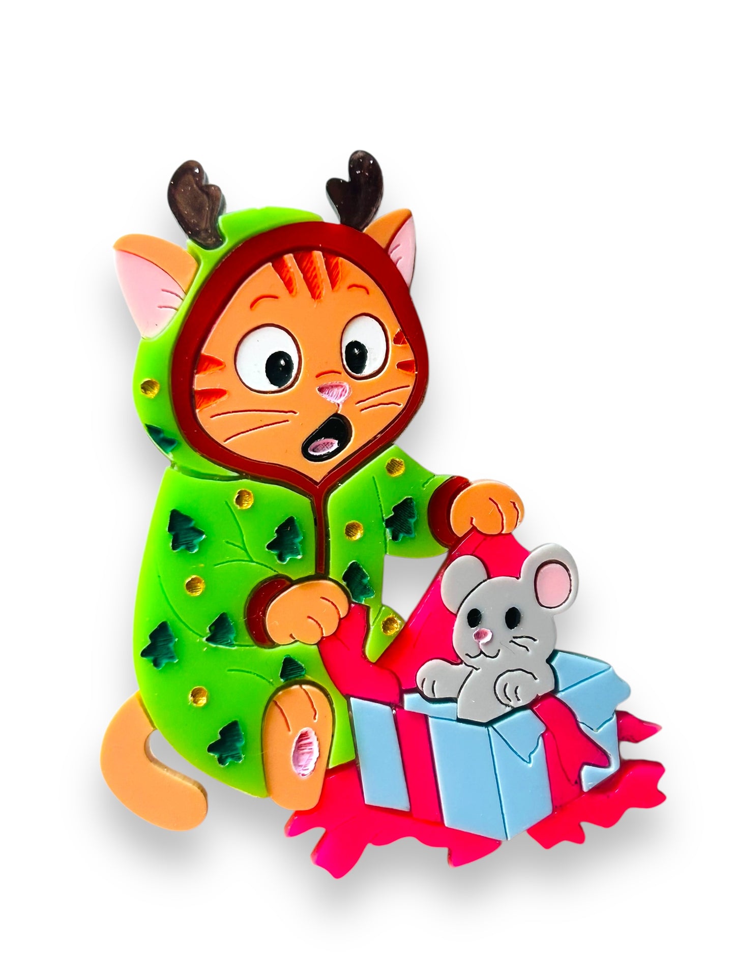 Meowy Christmas - Spilla Gatto che Apre i Regali di Natale